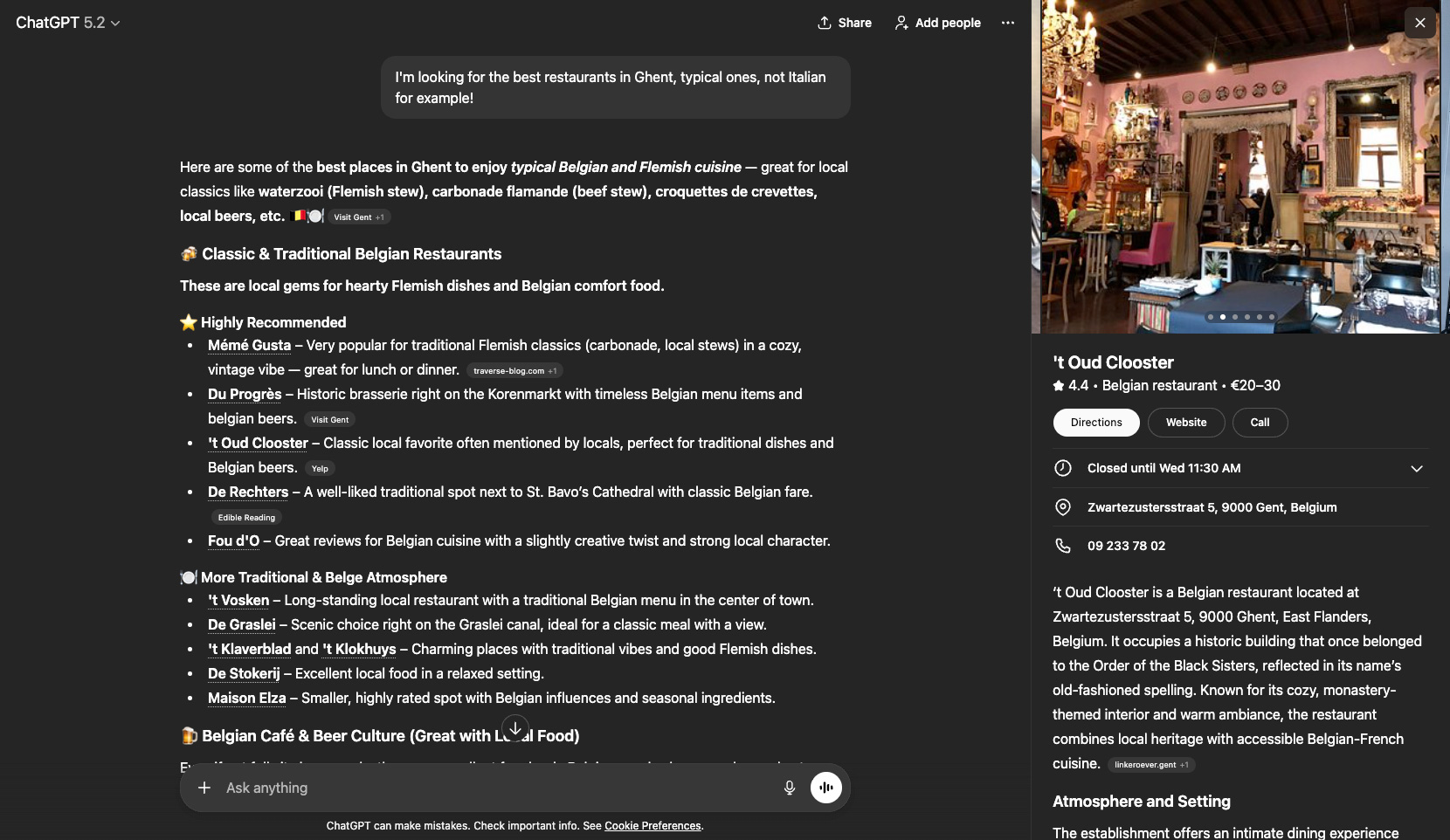 ChatGPT Local Search display example - structured results with map and business profiles