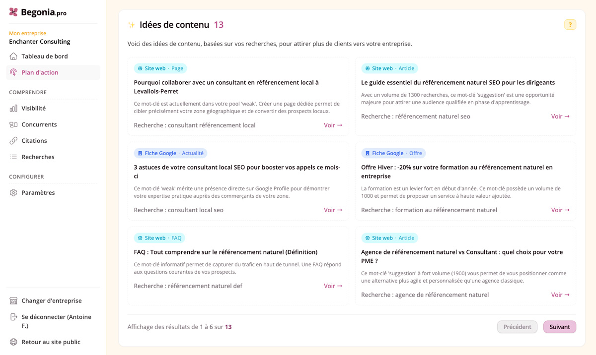 Begonia.pro : Suggestions de contenus personnalisées