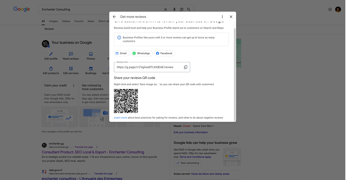 Google form to get your review QR Code