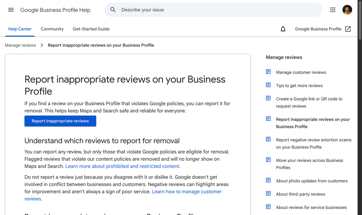 Google interface to report an inappropriate review on a Business Profile