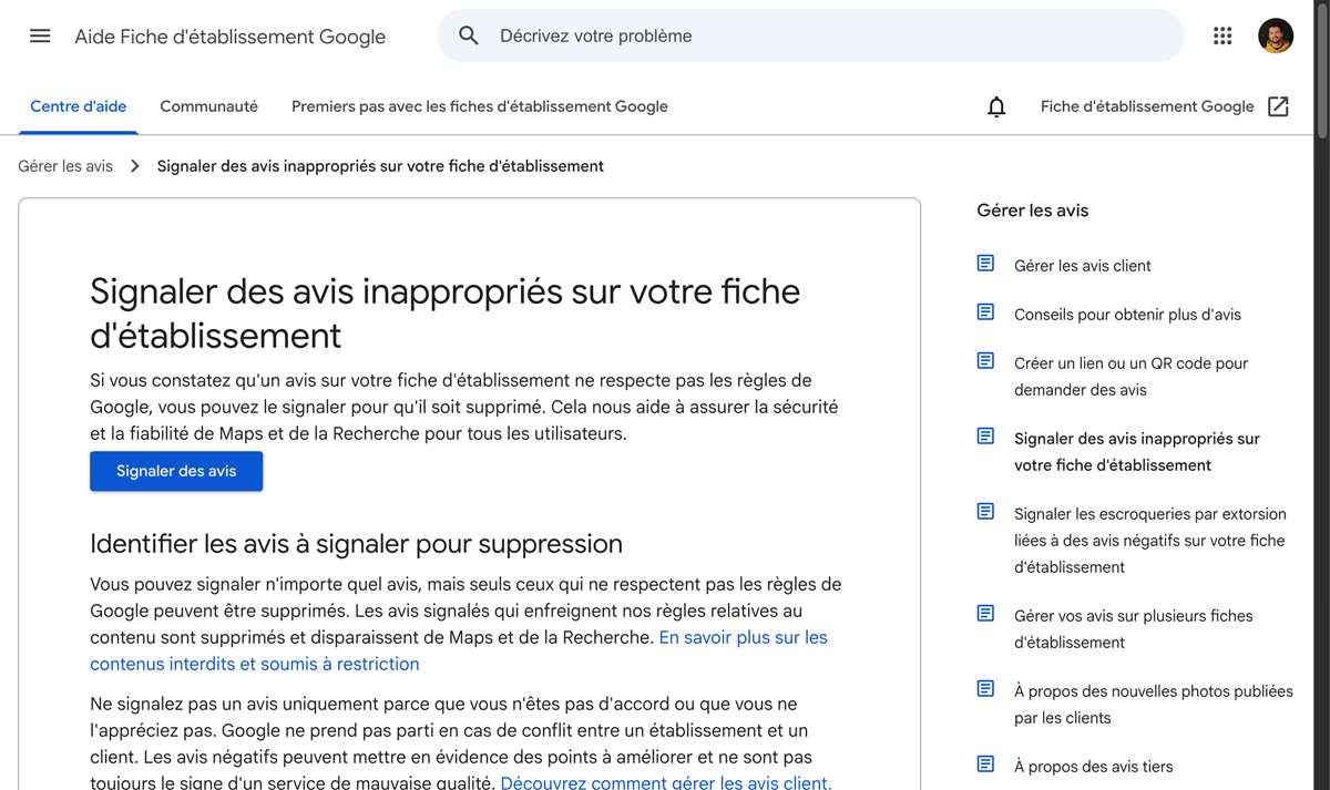 Interface Google pour signaler un avis inapproprié sur sa fiche d'établissement