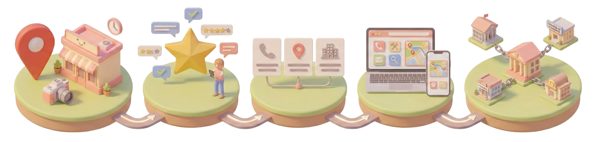 Illustration of the 5 pillars of local SEO